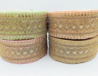 Art Silk Trim Gold Embroidered Sequins Trim, Decorative Trim, Indian Sari Border